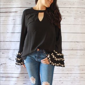 Floral Embroidered Bell Sleeve Top w/ Keyhole